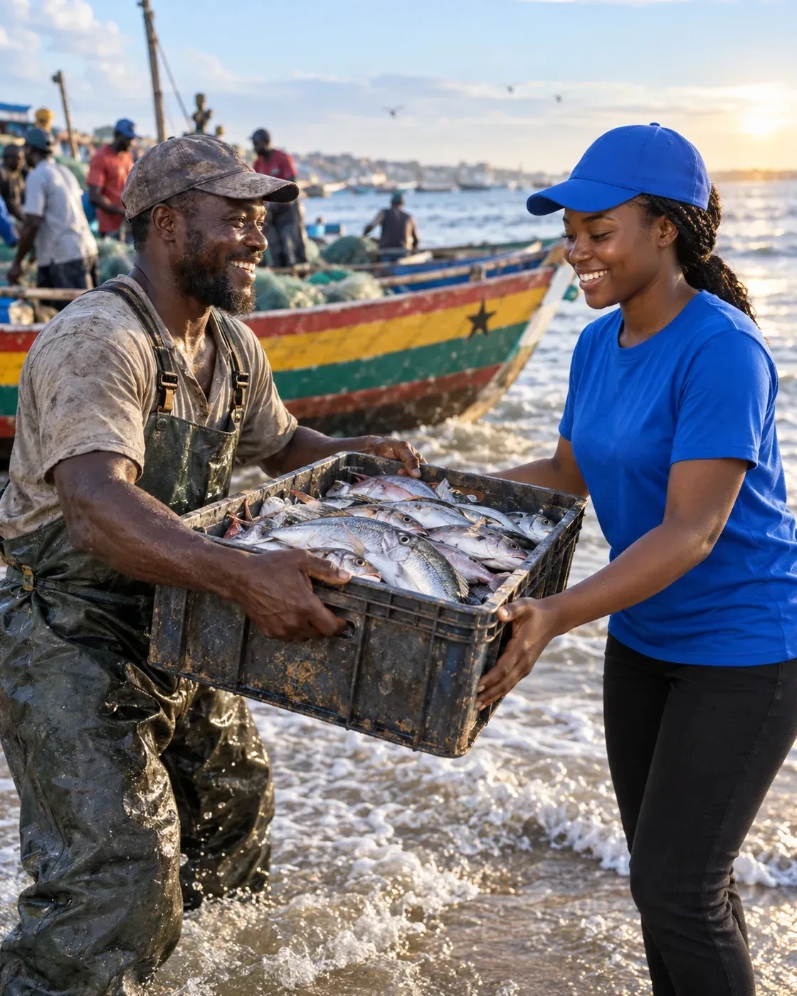 A fisherman hands a crate of fresh fish to a Harbour Price staffer in royal blue