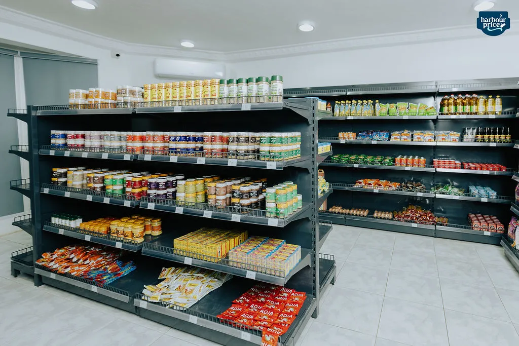 Stocked shelves in the Harbour Price grocery